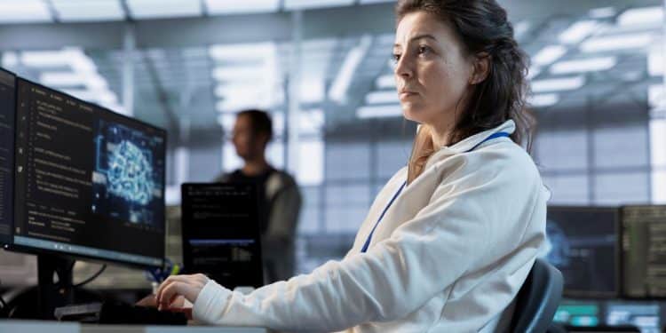 Profissional de TI utilizando inteligência artificial para otimizar operações em um ambiente corporativo.