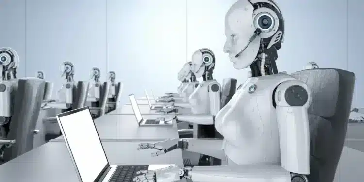 Robôs humanoides com fones de ouvido trabalhando em notebooks em ambiente de escritório, ilustrando o debate sobre automação, inteligência artificial e o futuro das profissões no mercado de trabalho.