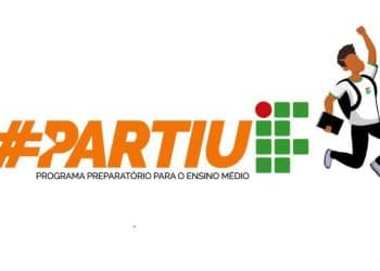 Logotipo do programa Partiu IF com a ilustração de um estudante saltando de alegria, segurando um caderno, ao lado do símbolo oficial do Instituto Federal.