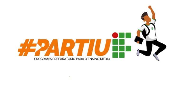 Logotipo do programa Partiu IF com a ilustração de um estudante saltando de alegria, segurando um caderno, ao lado do símbolo oficial do Instituto Federal.