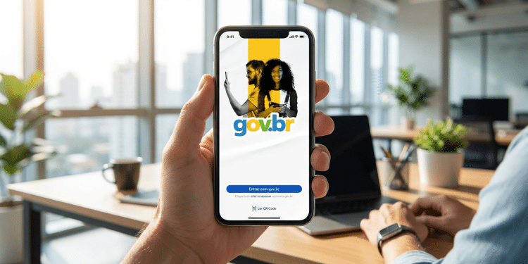 Mão segura celular mostrando tela inicial do app gov.br em escritório iluminado