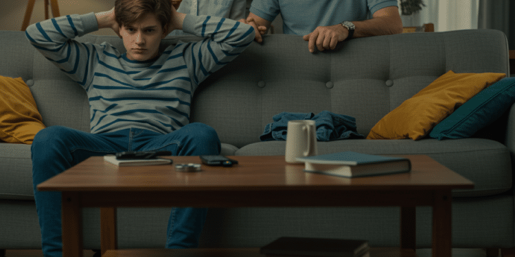Em um ambiente doméstico com luz suave à noite, um adolescente do sexo masculino, com uma blusa listrada de azul e branco, está sentado em um sofá cinza com as mãos na cabeça e expressão de angústia. Ao fundo, seus pais idosos, um homem e uma mulher de cabelos brancos, o observam com preocupação e tentativa de diálogo, mas ele parece isolado em seu próprio mundo. Na mesa de centro, há objetos como um controle remoto e livros, simbolizando a desconexão familiar diante da tecnologia.
