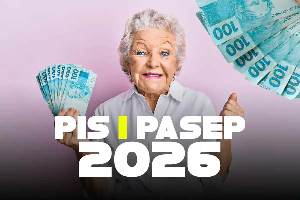 Mulher idosa sorrindo segurando notas de dinheiro com o texto PIS Pasep 2026, representando o ressarcimento das cotas para quem recebe em março