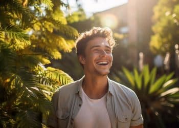 Retrato de um homem jovem de cabelos cacheados, sorrindo de forma genuína e relaxada, com o rosto voltado para a luz do sol, rodeado por folhagens verdes em um jardim ensolarado.