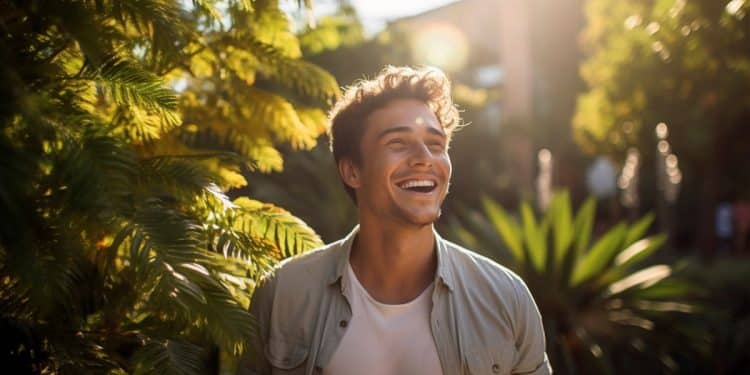 Retrato de um homem jovem de cabelos cacheados, sorrindo de forma genuína e relaxada, com o rosto voltado para a luz do sol, rodeado por folhagens verdes em um jardim ensolarado.