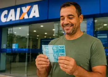Trabalhador segura notas de real em frente à Caixa Econômica Federal, representando a solicitação do saque de até R$ 6.220 do FGTS.