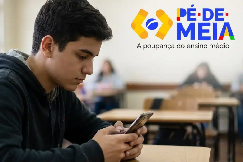 Estudante do ensino médio usando celular em sala de aula, com o logo do programa Pé-de-Meia ao lado, representando o aviso do MEC para alunos que não acessaram o benefício.
