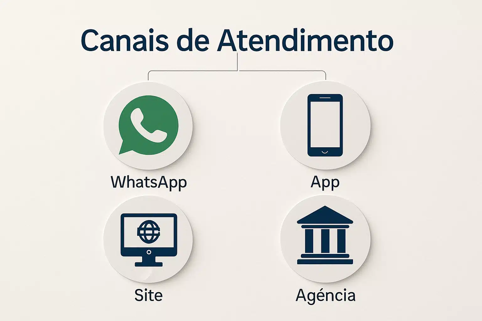 Imagem mostra canais de atendimento: WhatsApp, app, site e agência.
