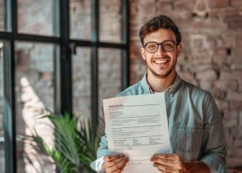 Homem sorrindo ao segurar seu currículo.