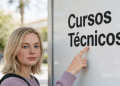Jovem apontando para o nome "Cursos Técnicos".