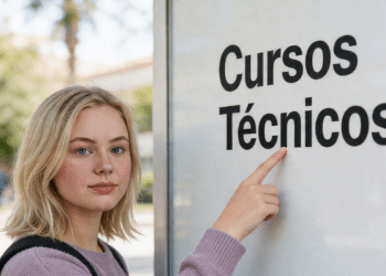 Jovem apontando para o nome "Cursos Técnicos".