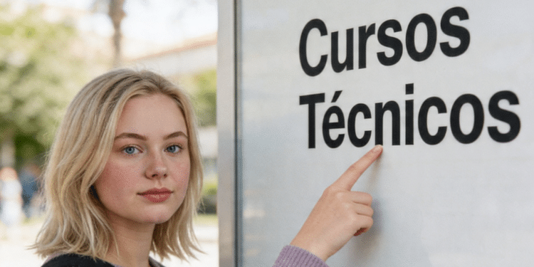 Jovem apontando para o nome "Cursos Técnicos".