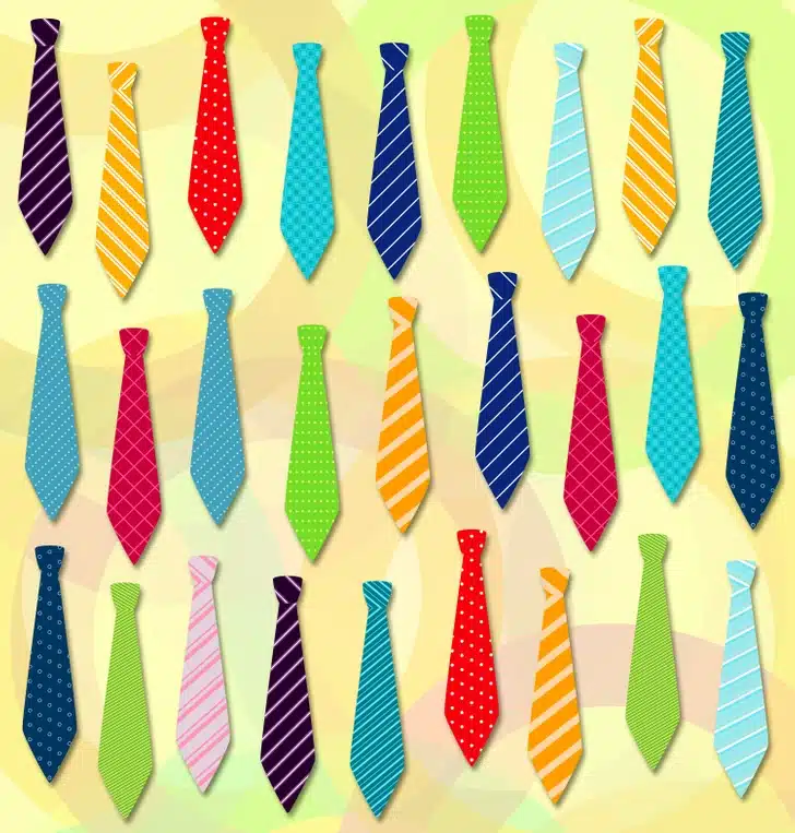 Quebra-cabeça visual com dezenas de gravatas coloridas e estampadas, onde o objetivo é encontrar a única que não tem par.
