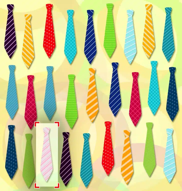 Desafio visual com uma coleção de 27 gravatas coloridas com padrões listrados e bolinhas sobre fundo amarelo pastel