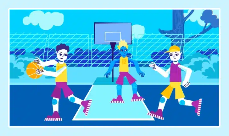 Ilustração colorida de três crianças jogando basquete em quadra ao ar livre com tabela, árvores e nuvens ao fundo