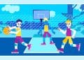Desafio visual com uma ilustração de crianças jogando basquete em quadra ao ar livre, estilo desenho com tons de azul, roxo e amarelo