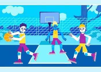 Desafio visual com uma ilustração de crianças jogando basquete em quadra ao ar livre, estilo desenho com tons de azul, roxo e amarelo
