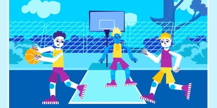 Desafio visual com uma ilustração de crianças jogando basquete em quadra ao ar livre, estilo desenho com tons de azul, roxo e amarelo