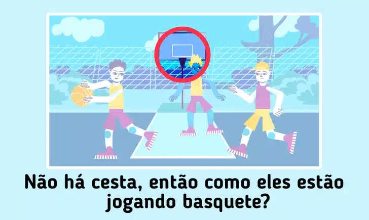 Ilustração colorida de três crianças jogando basquete em quadra ao ar livre com tabela, árvores e nuvens ao fundo