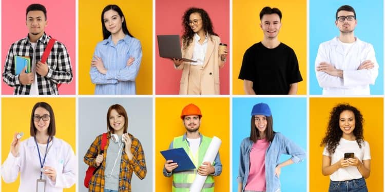 Colagem de jovens profissionais e estudantes em fundos coloridos.