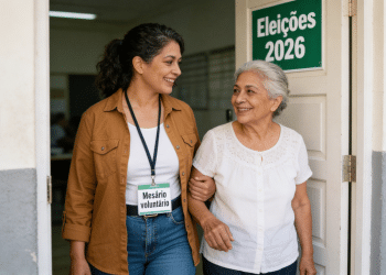 Mulher auxiliando idosa.