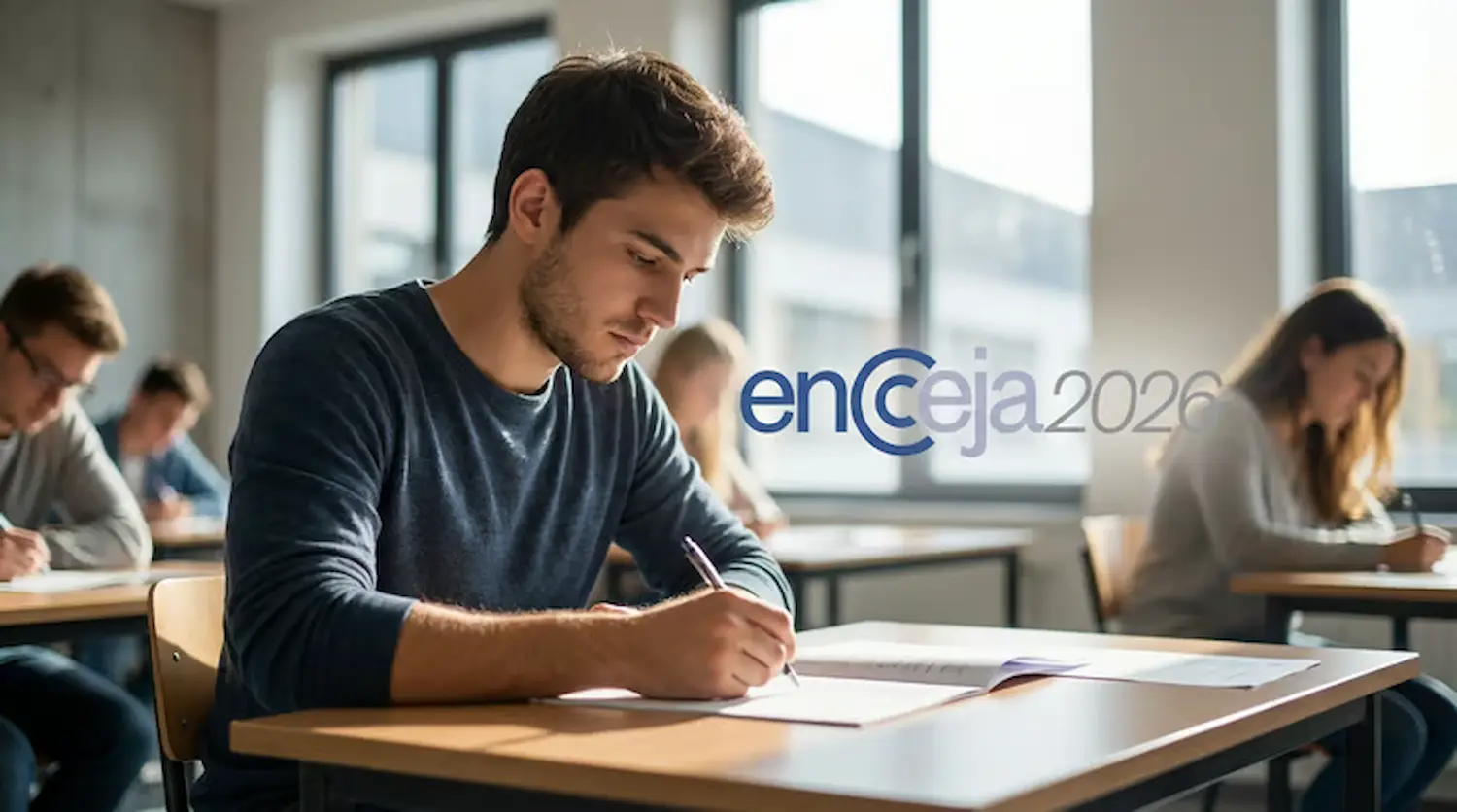Ilustração de um estudante focado durante a realização da prova do Encceja 2026.