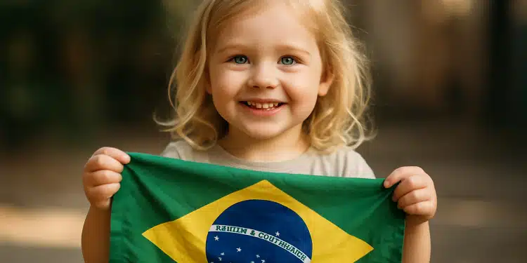 Criança feliz com bandeira do Brasil.