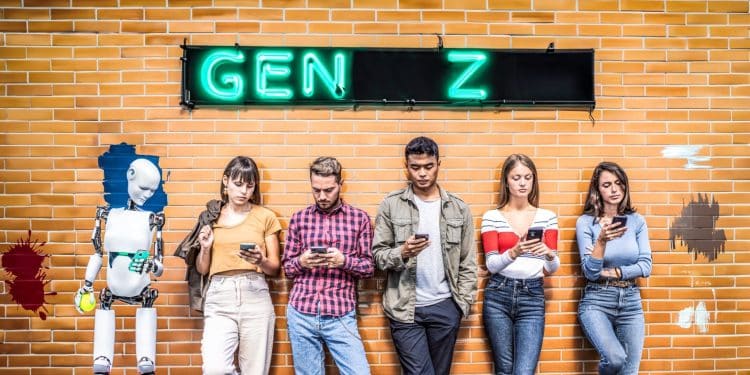 Grupo de jovens da Geração Z encostados em uma parede de tijolos laranjas, focados em seus celulares, ao lado de um robô humanoide. Acima deles, um letreiro neon escrito "GEN Z".