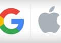 Logotipos do Google e da Apple lado a lado representando lojas de aplicativos investigadas por bets irregulares.