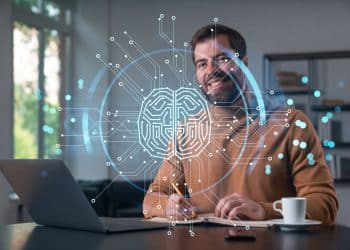 Profissional trabalha com inteligência artificial em home office.