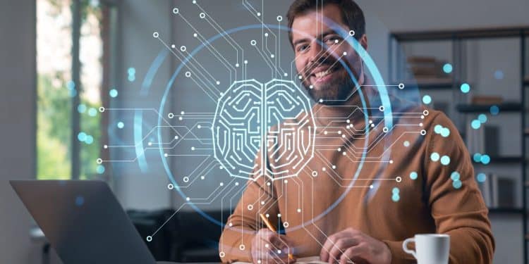 Profissional trabalha com inteligência artificial em home office.