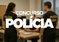 Agentes da Polícia Federal em ambiente de trabalho interno.