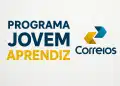 Logo dos Correios com seta amarela e azul ao lado do texto Programa Jovem Aprendiz.