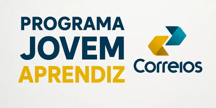 Logo dos Correios com seta amarela e azul ao lado do texto Programa Jovem Aprendiz.