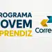 Logo dos Correios com seta amarela e azul ao lado do texto Programa Jovem Aprendiz.