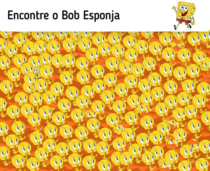 Desafio para encontrar Bob Esponja escondido entre vários Piu-Pius amarelos, com texto "Encontre o Bob Esponja"