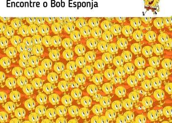 Dezenas de Piu-Pius amarelos sorrindo em fundo laranja, com Bob Esponja escondido