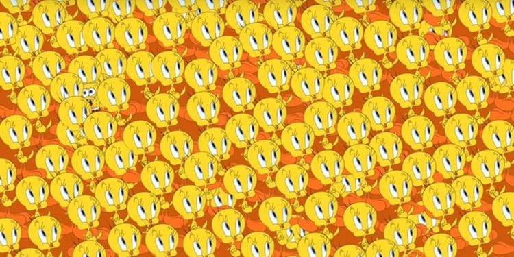 Dezenas de Piu-Pius amarelos sorrindo em fundo laranja, com Bob Esponja escondido