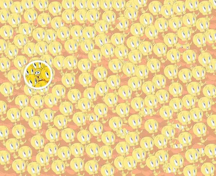 Dezenas de Piu-Pius amarelos sorrindo em fundo laranja, com Bob Esponja escondido