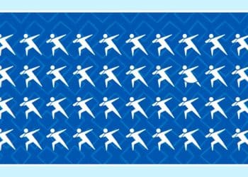 Grade com 40 pictogramas brancos de atletas lançando dardo sobre fundo azul, um com braço invertido