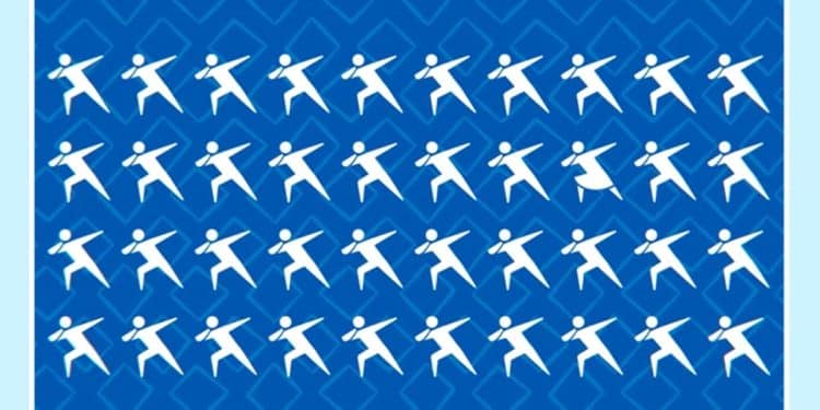 Grade com 40 pictogramas brancos de atletas lançando dardo sobre fundo azul, um com braço invertido