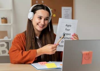 Jovem professora usando fones e sorrindo enquanto aponta para lista de frutas em inglês durante aula online.