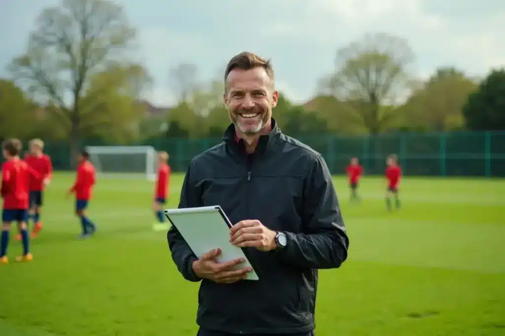 Analista de desempenho registrando dados de treino de futebol com tablet durante atividade em campo