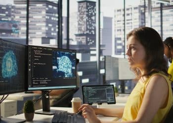 Mulher de blusa amarela trabalhando em escritório moderno com vista para arranha-céus, em frente a múltiplos monitores exibindo códigos de programação e ilustração de cérebro digital