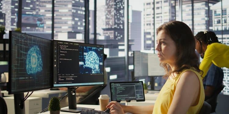 Mulher de blusa amarela trabalhando em escritório moderno com vista para arranha-céus, em frente a múltiplos monitores exibindo códigos de programação e ilustração de cérebro digital