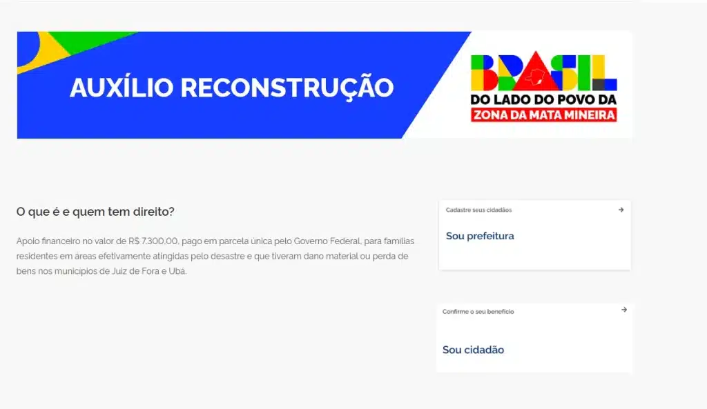 Página do Portal do Cidadão para o Auxílio Reconstrução, com opções para cadastro de cidadãos e confirmação do benefício.