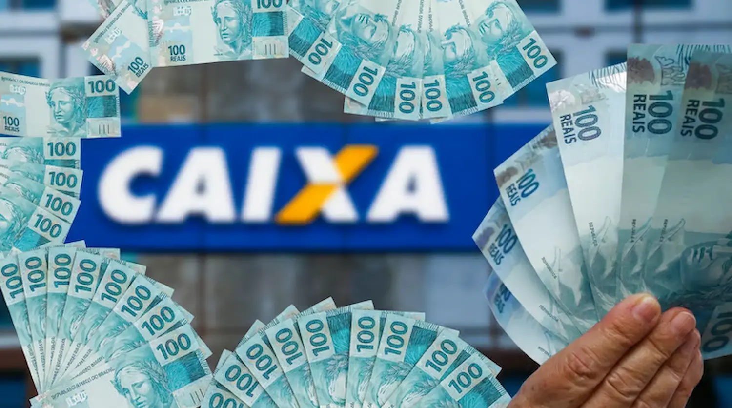 Notas de 100 reais ao redor do logo da Caixa representando pagamentos de benefícios via Pix.