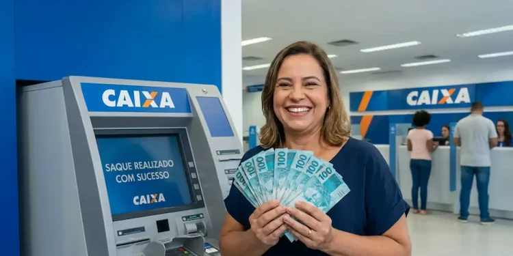 Mulher sorrindo em agência da Caixa segurando dinheiro após saque de benefício com pagamentos para CPFs de 0 a 9.