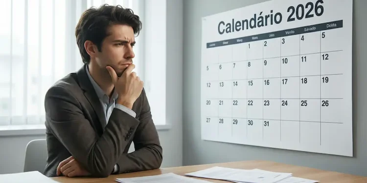 Homem analisando calendário de 2026 para organizar feriados e planejar folgas.