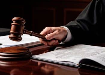 Juiz segurando martelo de julgamento em tribunal, representando a justiça no serviço público.